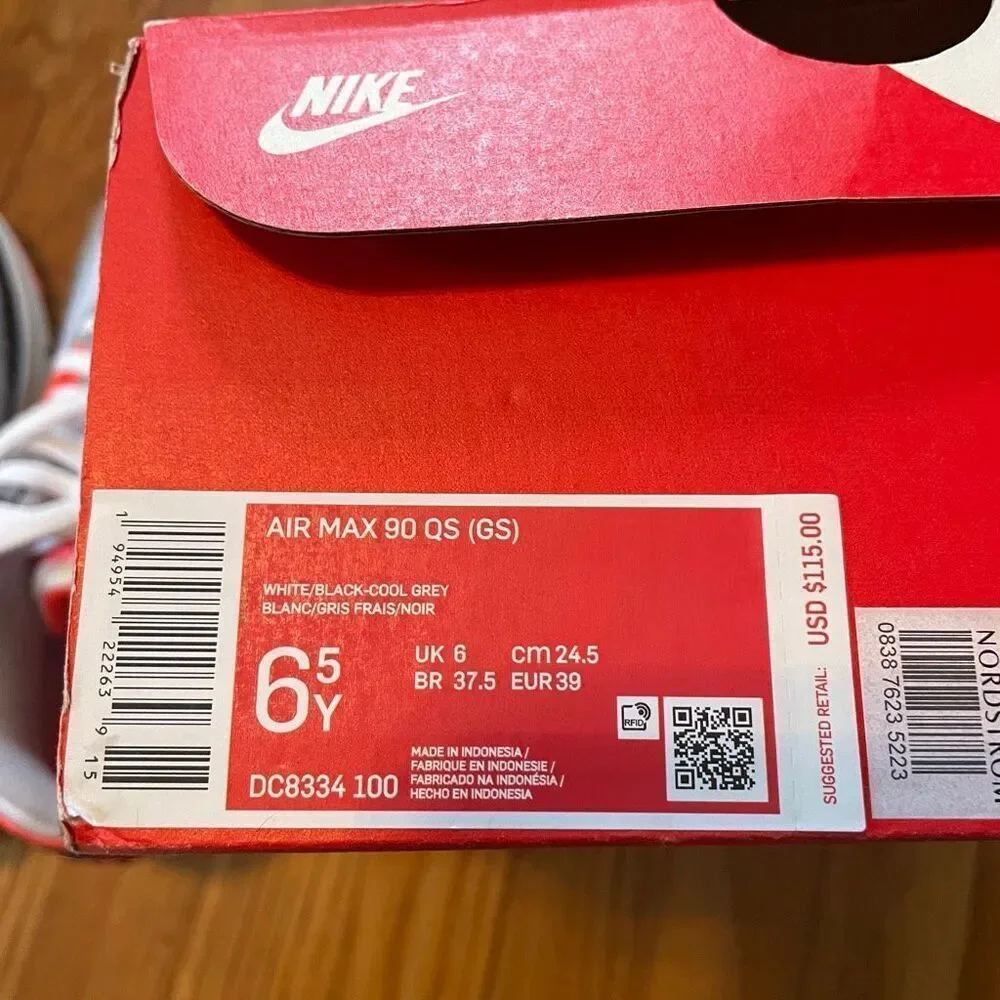 NIKE | air max 90 qs (gs) white/black-cool grey 6.5 youth NEW WITH BOX